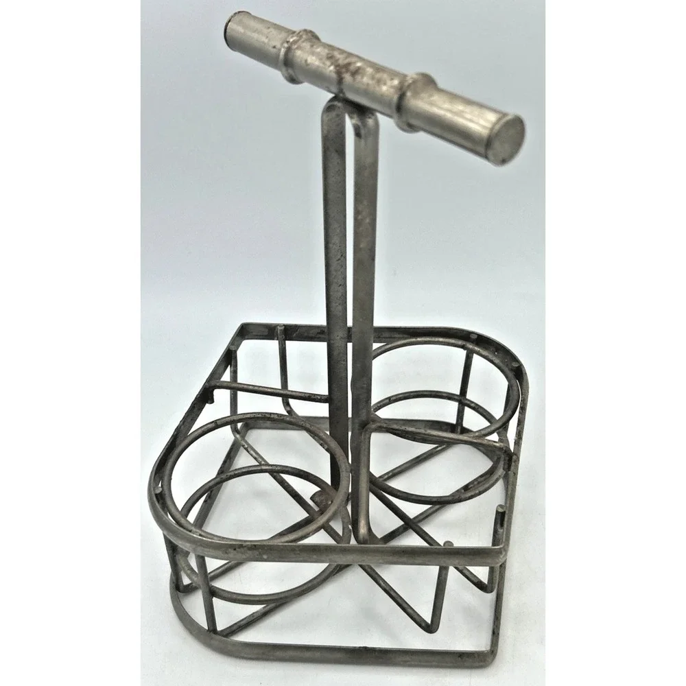RETRO‎ VTG Metal Condiment Caddie W/Salt & Pepper Shakers & OIL VINEGAR CRUETS